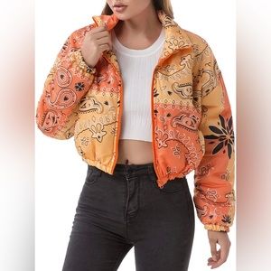 New - Orange Women's Quilted Lightweight Cropped Bandana Windbreaker Jacket